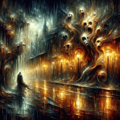 The primary subject of the image is a person walking down a hallway in a dark, eerie setting. The setting appears to be a haunted house, as indicated by the presence of a spooky atmosphere and the person's attire. The visual style of the image is a digital art or illustration, with a focus on the person and the hallway. The colors and mood of the image are predominantly dark and mysterious, creating a sense of unease and suspense.